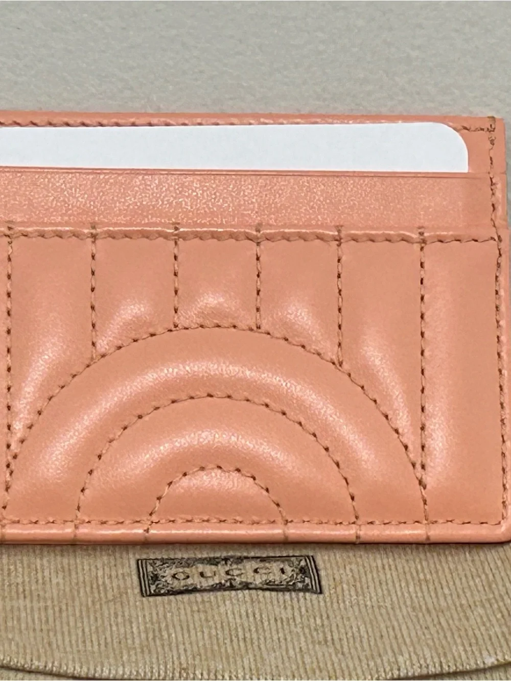 Gucci Peach Quilted Leather Card Holder with Gold Double G